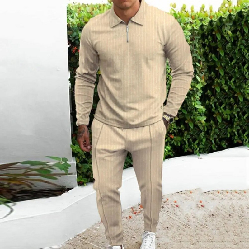 Мъжки анцуг Памучно абсорбиращо изпотяване ленено горнище с дълъг ръкав Спортен костюм със средна талия Панталон Костюм с цип и ревер