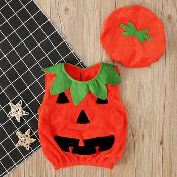 0-3Y New Cosplay Хелоуин Прохождащо Бебе Kid Pumpkin Print Sleeveless Romper Гащеризони Топове+Шапки Бебешки дрехи 2PCS Костюми