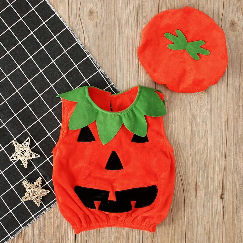 0-3Y New Cosplay Хелоуин Прохождащо Бебе Kid Pumpkin Print Sleeveless Romper Гащеризони Топове+Шапки Бебешки дрехи 2PCS Костюми