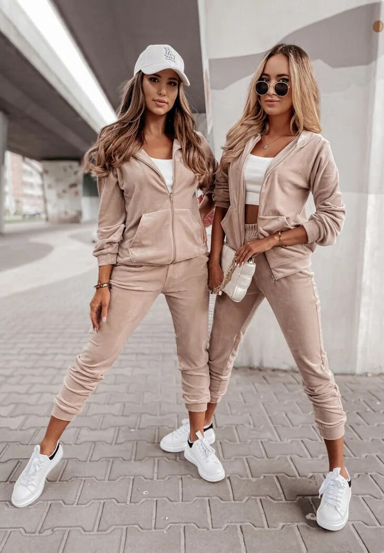 Велурен анцуг 2 бр. Пролетен дамски спортен костюм Свободно яке с цип Пуловер с качулка + панталон Екипировка за бягане Ежедневен комплект за тренировка