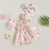 Újszülött baba lányok pólós ruha váll nélkül rakott, virágmintás fodros Jumpsuit Playsuit napöltöny fejpántos ruhák