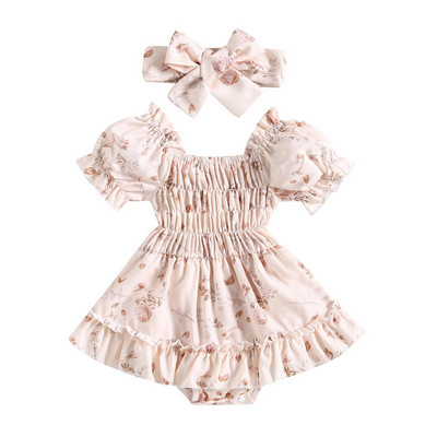 Újszülött baba lányok pólós ruha váll nélkül rakott, virágmintás fodros Jumpsuit Playsuit napöltöny fejpántos ruhák