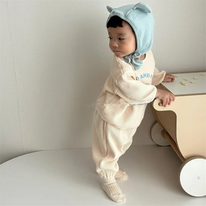 Пролет Есен Детски комплект дрехи Момче Момиче Бебешки гофрети Анимационни горнища с дълъг ръкав + Едноцветни панталони 2бр. Детски тениска с щампа на букви Костюм