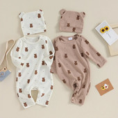 Baby Girls Boys Rompers Bear Print, hosszú ujjú bodyk Őszi tipegő csecsemőruhák Jumpsuitek kalappal