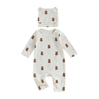 Baby Girls Boys Rompers Bear Print, hosszú ujjú bodyk Őszi tipegő csecsemőruhák Jumpsuitek kalappal