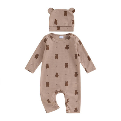 Baby Girls Boys Rompers Bear Print, hosszú ujjú bodyk Őszi tipegő csecsemőruhák Jumpsuitek kalappal