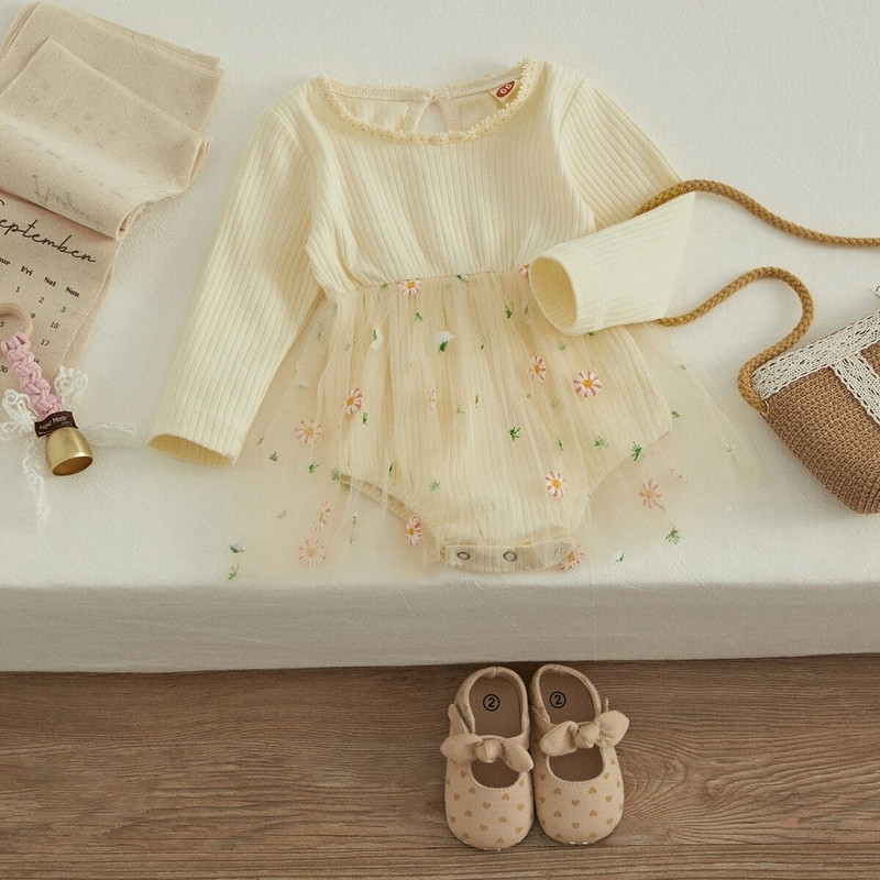 VISgogo Есен Зима Принцеса Прохождащи бебета момичета Плетени гащеризони Сладки бодита с дълъг ръкав и кръгло деколте Рокля-пачка на цветя