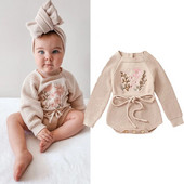 Kislányok Kötött, hosszú ujjú virágok Hímzés Őszi Téli Babaruhák Jumpsuitek