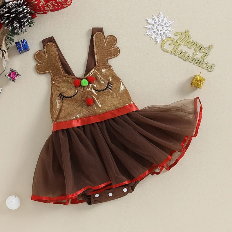 Бебе момиче Коледен елен Гащеризон Тюл Пачуърк Полски гащеризон Фестивални дрехи за новородено бебе