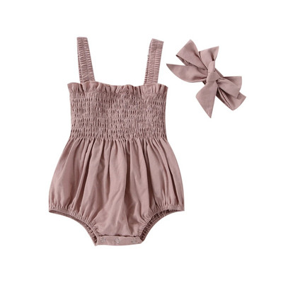Csecsemő baba lányok nyári elasztikus jumpsuit-ruha, egyszínű, dörzsölt alkalmi, ujjatlan nadrágtartó