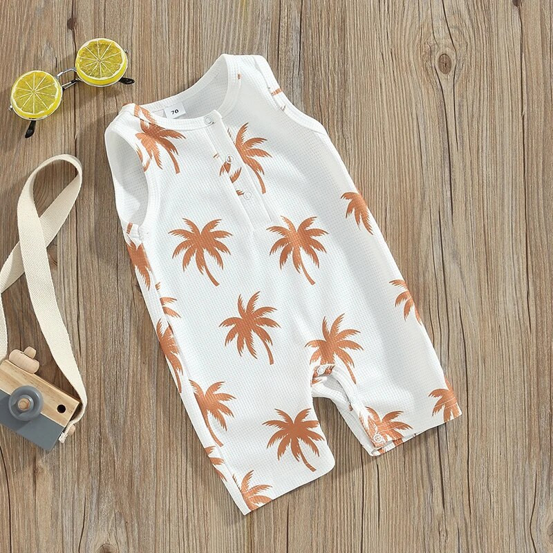 Ежедневни гащеризони за бебета и момичета Бебешки гащеризони с копчета и вафли без ръкави, О-образно деколте