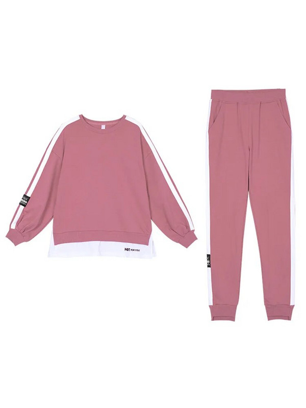 Свободен спортен костюм Дамски пролетен есенен нов голям пуловер с дълъг ръкав и кръгло деколте Комплект от 2 части Ежедневни дрехи за бягане