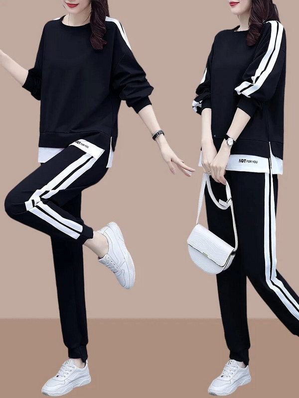 Свободен спортен костюм Дамски пролетен есенен нов голям пуловер с дълъг ръкав и кръгло деколте Комплект от 2 части Ежедневни дрехи за бягане