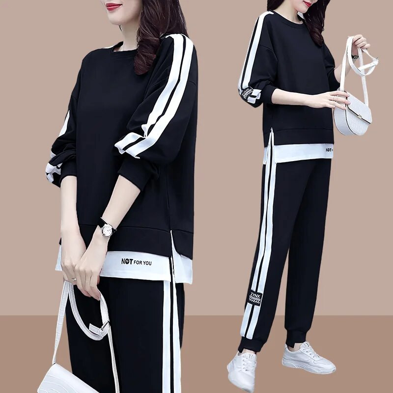 Свободен спортен костюм Дамски пролетен есенен нов голям пуловер с дълъг ръкав и кръгло деколте Комплект от 2 части Ежедневни дрехи за бягане