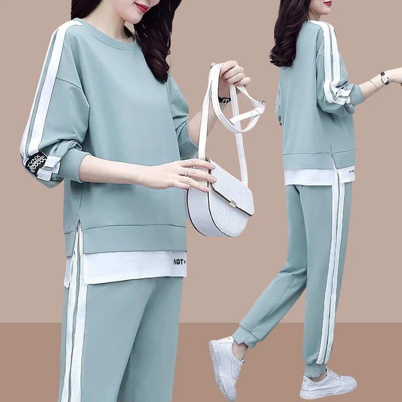 Свободен спортен костюм Дамски пролетен есенен нов голям пуловер с дълъг ръкав и кръгло деколте Комплект от 2 части Ежедневни дрехи за бягане