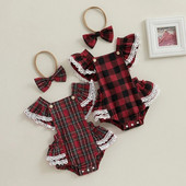 Halloween Baby Girls Aranyos Romper repülő ujjú, csipke díszítésű kockás játszóruha fejpánttal