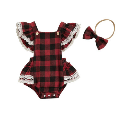 Halloween Baby Girls Aranyos Romper repülő ujjú, csipke díszítésű kockás játszóruha fejpánttal