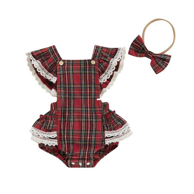 Halloween Baby Girls Aranyos Romper repülő ujjú, csipke díszítésű kockás játszóruha fejpánttal