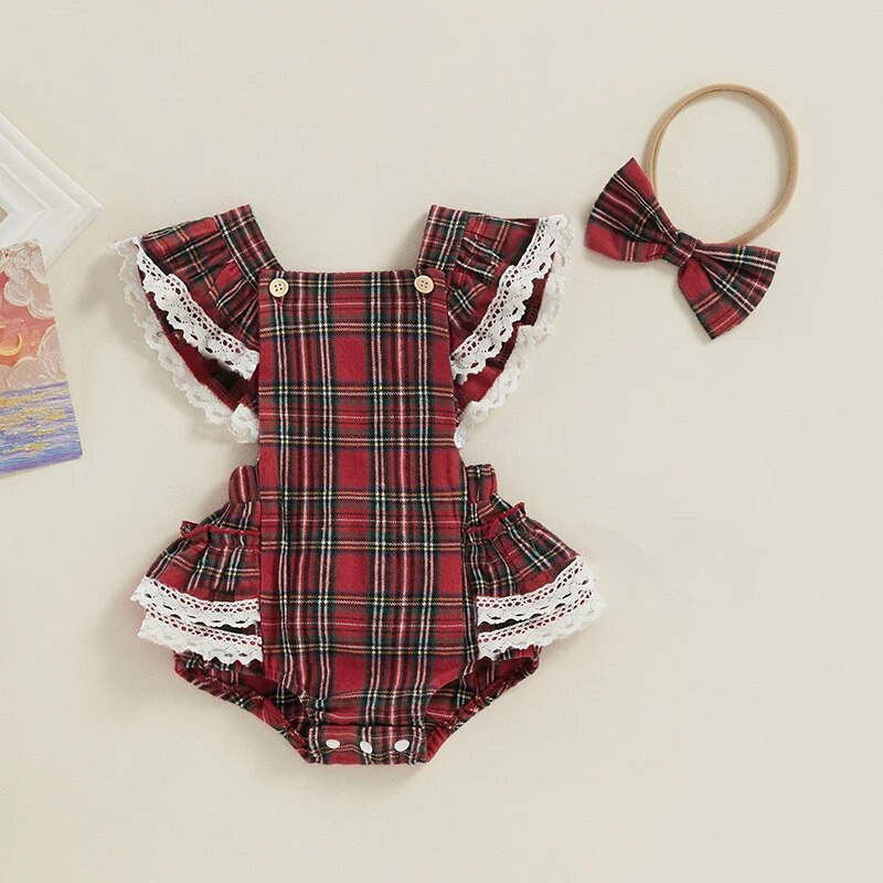 Karirano odijelo za djevojčice s letećim rukavima i trakom za glavu za noć vještica