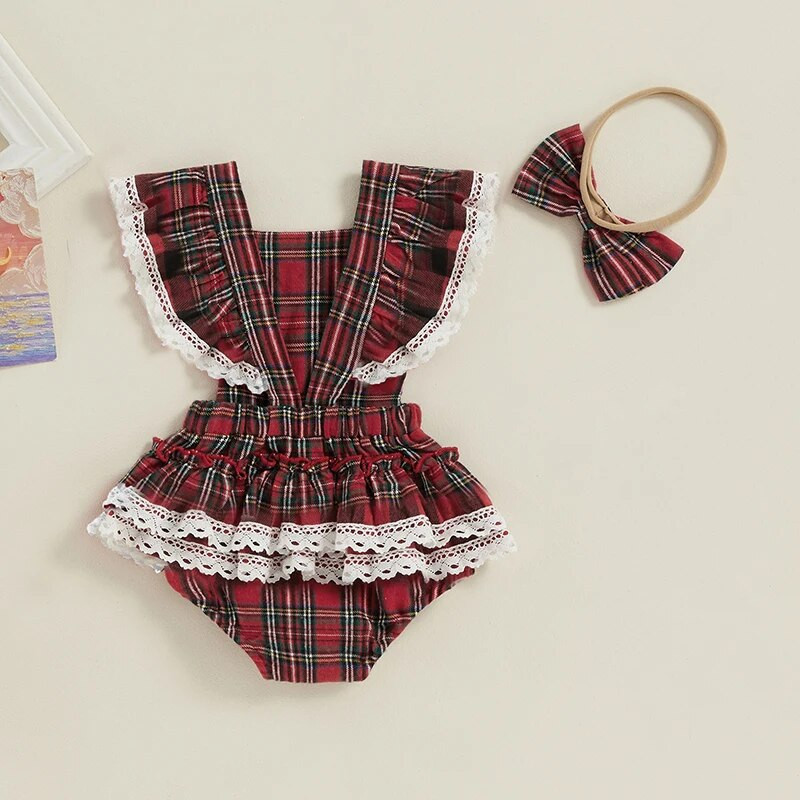 Karirano odijelo za djevojčice s letećim rukavima i trakom za glavu za noć vještica