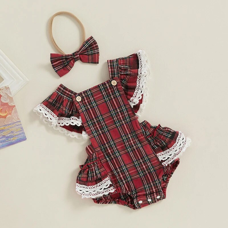 Karirano odijelo za djevojčice s letećim rukavima i trakom za glavu za noć vještica