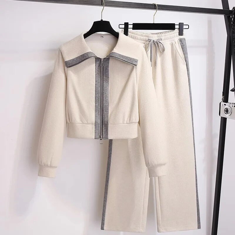 Контрастен цветен дизайн Спорт Ежедневни комплекти от 2 части Пролет Есен Нов двоен цип Синя яка жилетка Моден панталон с широки крачоли