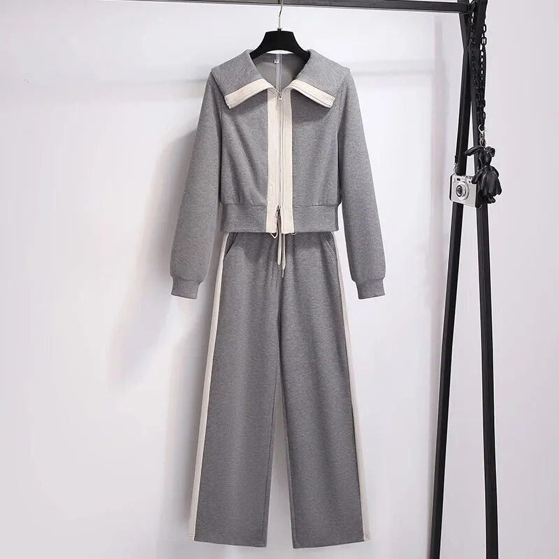 Контрастен цветен дизайн Спорт Ежедневни комплекти от 2 части Пролет Есен Нов двоен цип Синя яка жилетка Моден панталон с широки крачоли