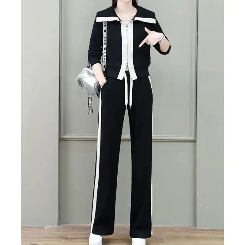 Контрастен цветен дизайн Спорт Ежедневни комплекти от 2 части Пролет Есен Нов двоен цип Синя яка жилетка Моден панталон с широки крачоли