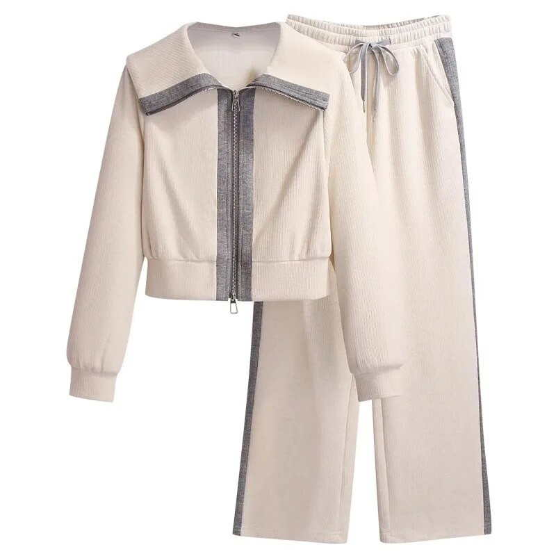 Контрастен цветен дизайн Спорт Ежедневни комплекти от 2 части Пролет Есен Нов двоен цип Синя яка жилетка Моден панталон с широки крачоли