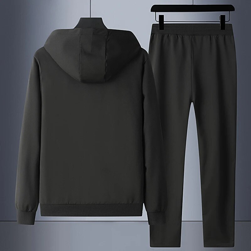 Есенен мъжки едноцветен комплект Свободен ежедневен анцуг с качулка Суичъри с цип+панталон с шнурове Спортен костюм от 2 части Мъжки комплекти за джогинг
