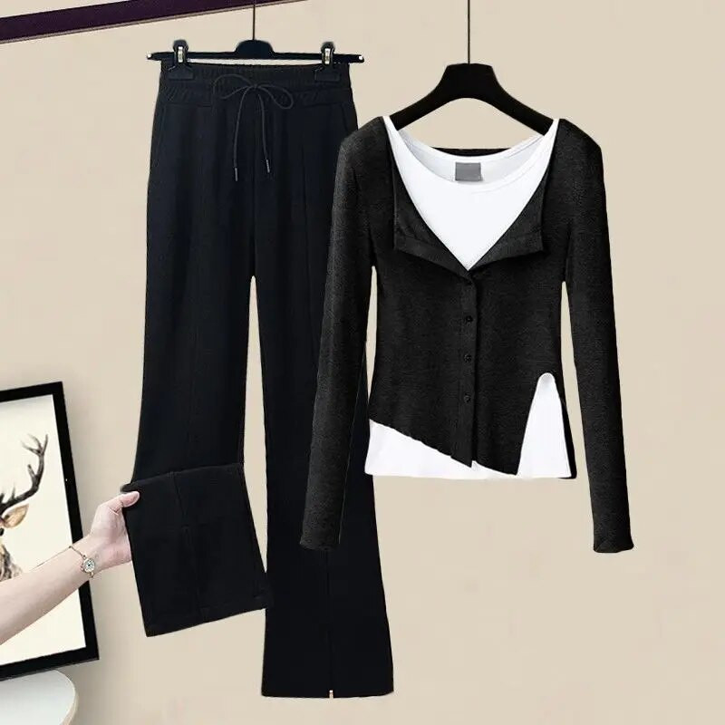 Пролетен нов моден спортен комплект Дамски ежедневен стегнат топ с жилетка Разноцветни широки панталони Дамски костюм за свободното време за танци