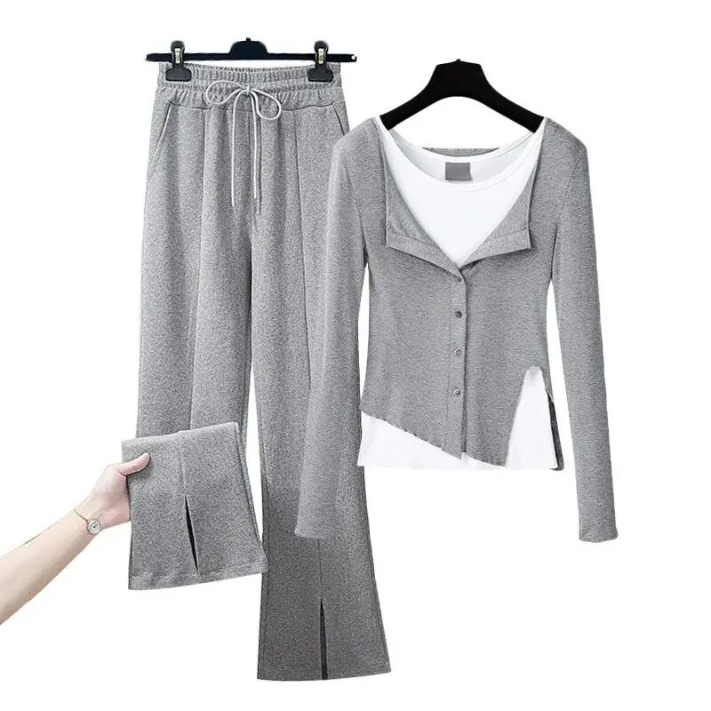 Пролетен нов моден спортен комплект Дамски ежедневен стегнат топ с жилетка Разноцветни широки панталони Дамски костюм за свободното време за танци