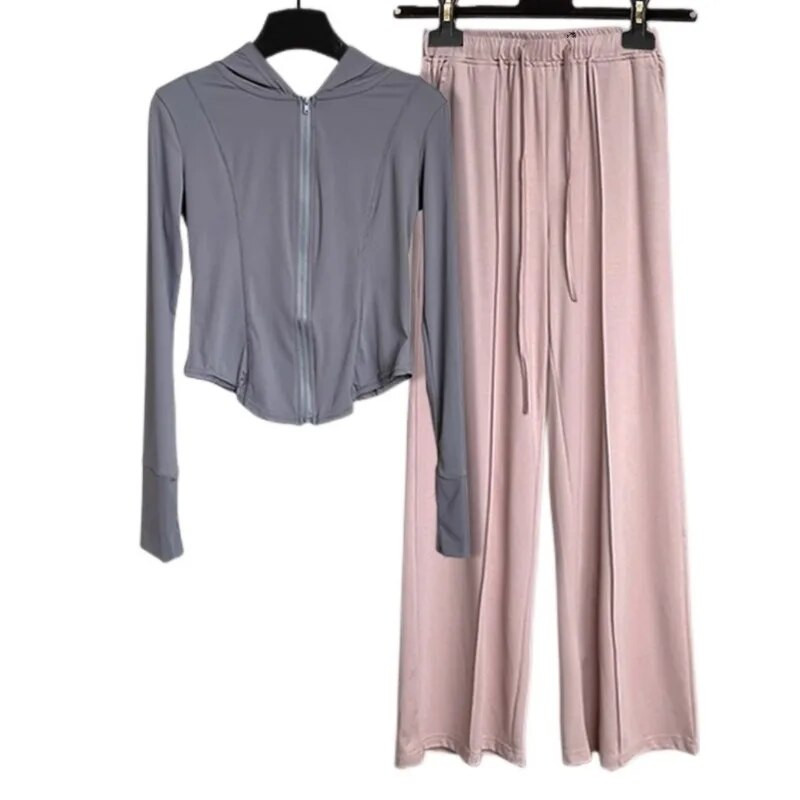 Летен слънцезащитен комплект с дълъг ръкав от 2 части Ежедневно спортно палто с качулка и панталон с широки крачоли Дамски едноцветен семпъл костюм за открито