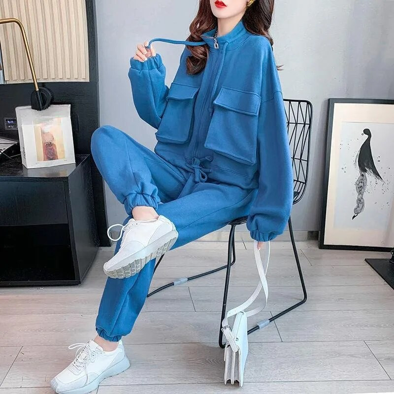 Дамски пролетен есенен ежедневен спортен костюм Моден широк жилетка с цип Яке за бягане С висока талия Стегнат подгъв Спортен панталон Комплект от 2 части