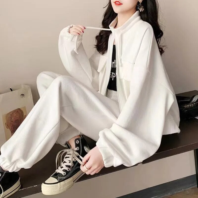 Дамски пролетен есенен ежедневен спортен костюм Моден широк жилетка с цип Яке за бягане С висока талия Стегнат подгъв Спортен панталон Комплект от 2 части