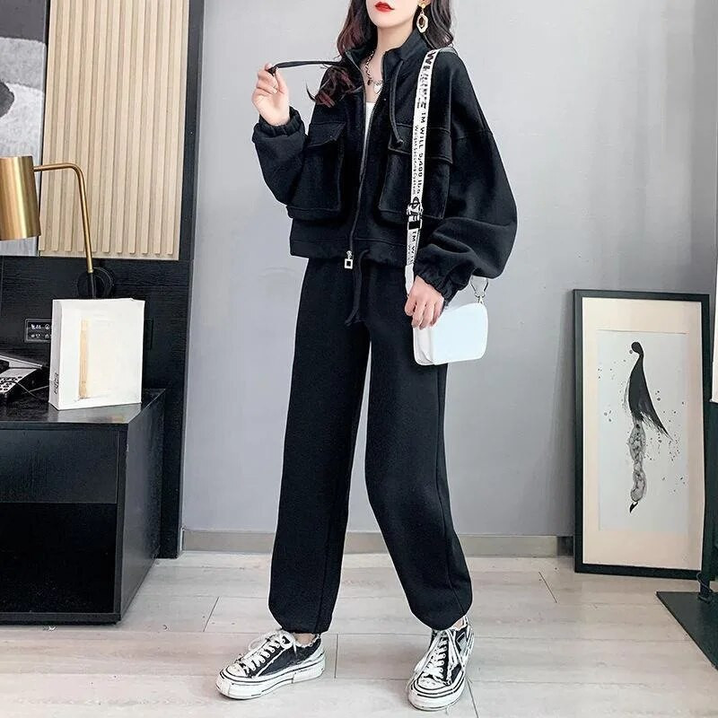 Дамски пролетен есенен ежедневен спортен костюм Моден широк жилетка с цип Яке за бягане С висока талия Стегнат подгъв Спортен панталон Комплект от 2 части