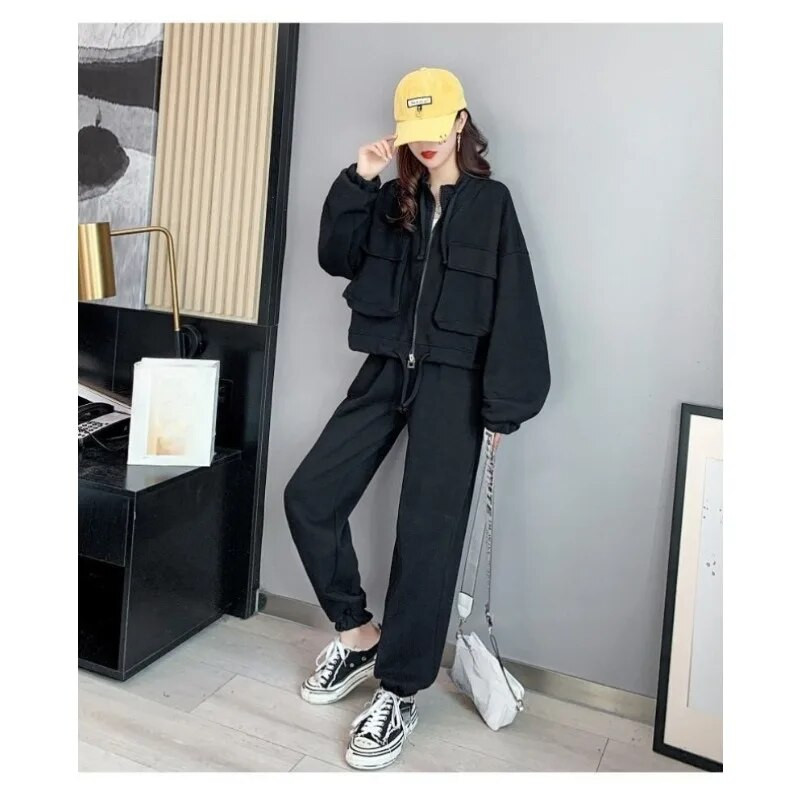 Дамски пролетен есенен ежедневен спортен костюм Моден широк жилетка с цип Яке за бягане С висока талия Стегнат подгъв Спортен панталон Комплект от 2 части