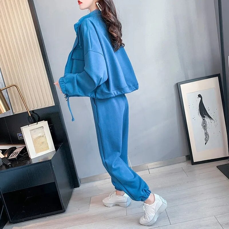 Дамски пролетен есенен ежедневен спортен костюм Моден широк жилетка с цип Яке за бягане С висока талия Стегнат подгъв Спортен панталон Комплект от 2 части