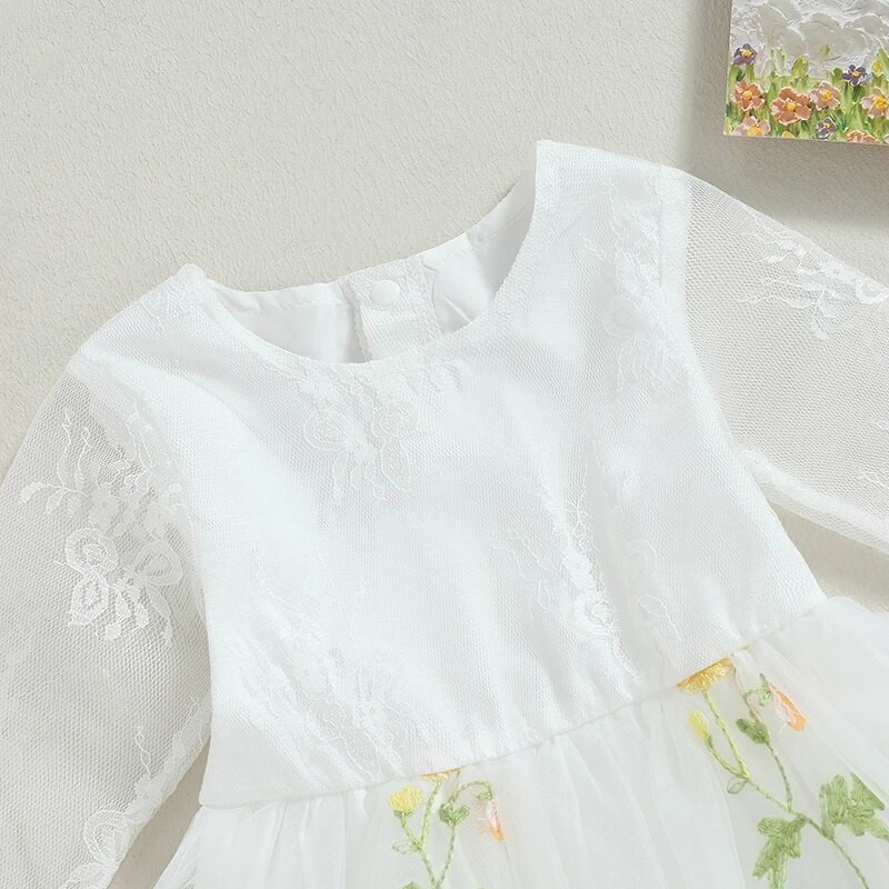 Пролетна гащеризон за бебета и момичета Пеперуда с бродерия на цветя с дълъг ръкав и кръгло деколте от тюл