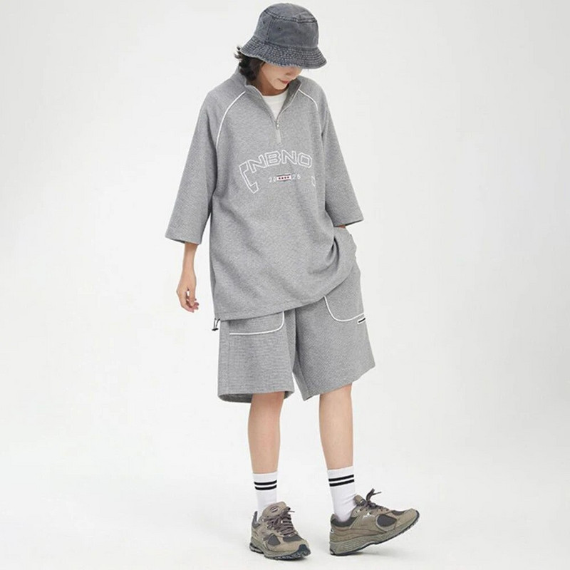 2023 летен тънък вафлен ежедневен спортен костюм Y2K Street Hiphop Поло тениска с къси ръкави Къси шорти Костюм от две части Мъжко облекло