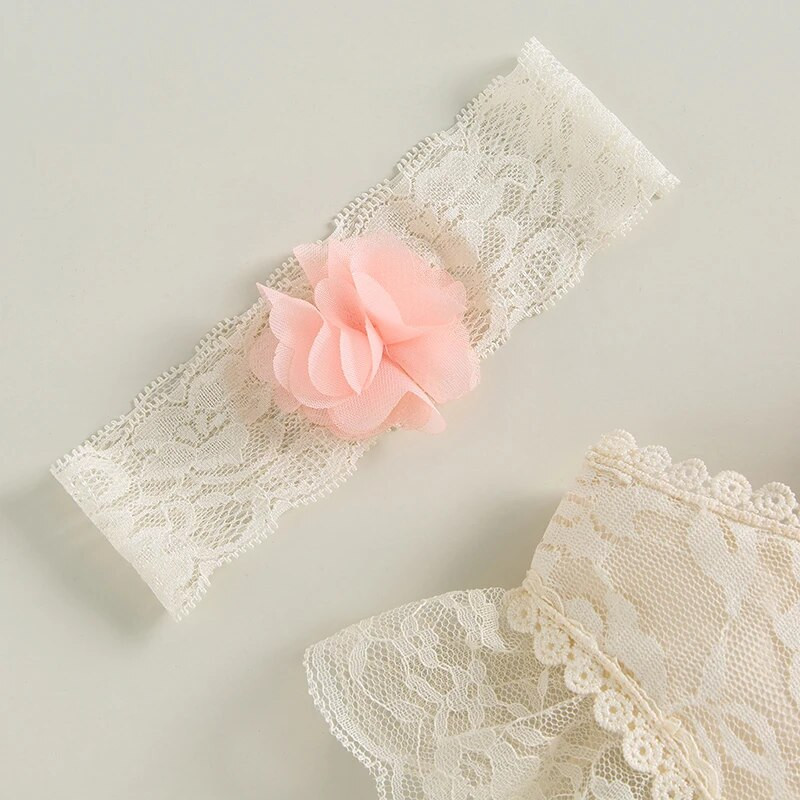 Бебе момиче Лятна рокля с дантелени флорални презрамки без ръкави с панделка Гащеризон с лента за глава