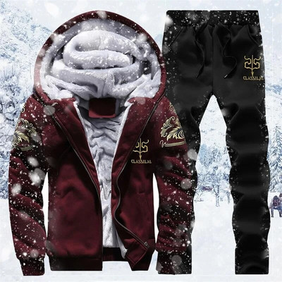 2022. gada ziemas biezs vīriešu sporta tērps sporta tērps ar kapuci sporta apģērbs rāvējslēdzējs jaciņa ar kapuci + elastīgas bikses ikdienas vīriešu vilnas siltie komplekti