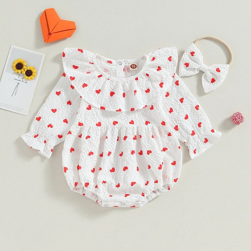 Szép őszi újszülött kislányok nadrágok Ruhák szív virágmintás fodrok hosszú ujjú pamut vászon kombinékok fejpántos ruhák