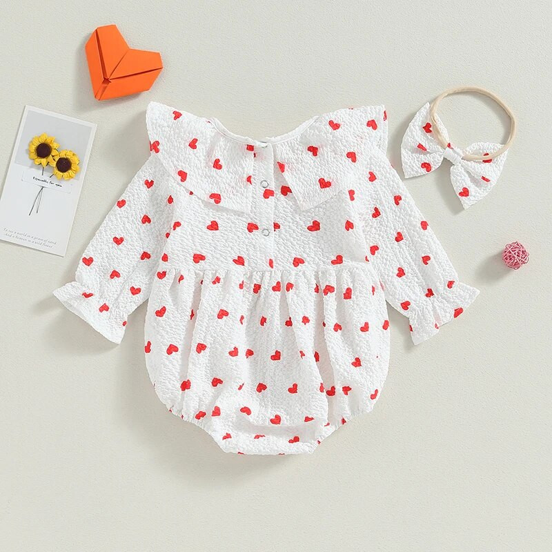 Szép őszi újszülött kislányok nadrágok Ruhák szív virágmintás fodrok hosszú ujjú pamut vászon kombinékok fejpántos ruhák