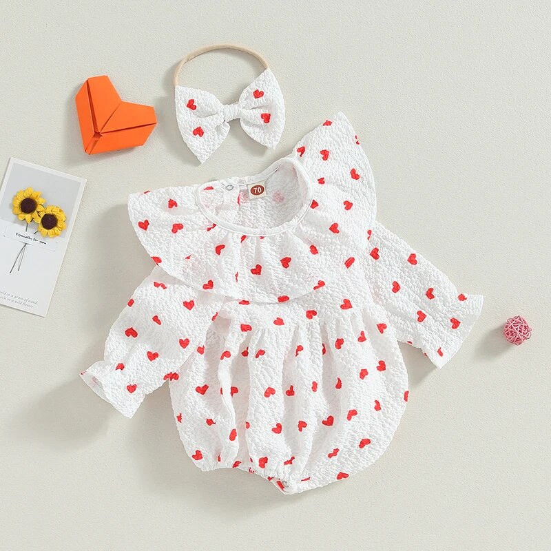 Szép őszi újszülött kislányok nadrágok Ruhák szív virágmintás fodrok hosszú ujjú pamut vászon kombinékok fejpántos ruhák