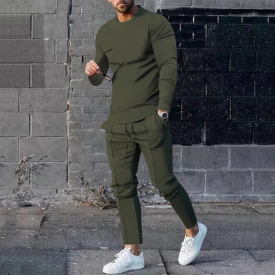 Ανοιξιάτικη φθινοπωρινή casual αθλητική φόρμα Ανδρική μακρυμάνικη μπλούζα με λαιμόκοψη + Παντελόνι Σετ δύο τεμαχίων Ανδρική μονόχρωμη αθλητική φόρμα 2023 Νέο
