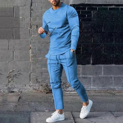 Ανοιξιάτικη φθινοπωρινή casual αθλητική φόρμα Ανδρική μακρυμάνικη μπλούζα με λαιμόκοψη + Παντελόνι Σετ δύο τεμαχίων Ανδρική μονόχρωμη αθλητική φόρμα 2023 Νέο