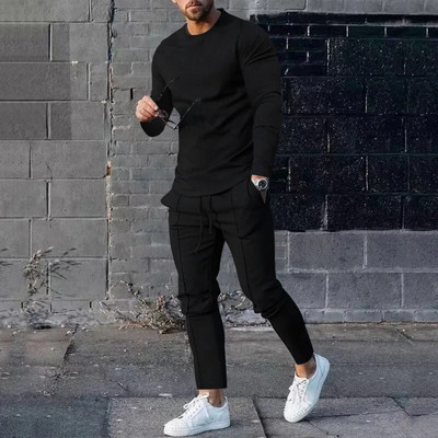 Ανοιξιάτικη φθινοπωρινή casual αθλητική φόρμα Ανδρική μακρυμάνικη μπλούζα με λαιμόκοψη + Παντελόνι Σετ δύο τεμαχίων Ανδρική μονόχρωμη αθλητική φόρμα 2023 Νέο