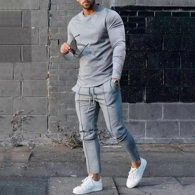 Ανοιξιάτικη φθινοπωρινή casual αθλητική φόρμα Ανδρική μακρυμάνικη μπλούζα με λαιμόκοψη + Παντελόνι Σετ δύο τεμαχίων Ανδρική μονόχρωμη αθλητική φόρμα 2023 Νέο
