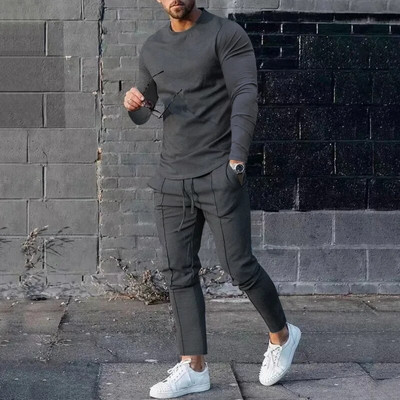 Ανοιξιάτικη φθινοπωρινή casual αθλητική φόρμα Ανδρική μακρυμάνικη μπλούζα με λαιμόκοψη + Παντελόνι Σετ δύο τεμαχίων Ανδρική μονόχρωμη αθλητική φόρμα 2023 Νέο